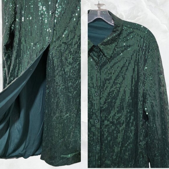 Sequin Collared Button Down Shirt Dress - Green - Picture 3 of 10